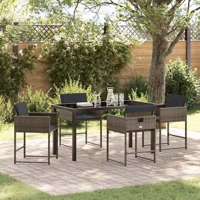 Berkfield Home 5 Piece Grey Poly Rattan Garden Dining Set with Glass Top Table