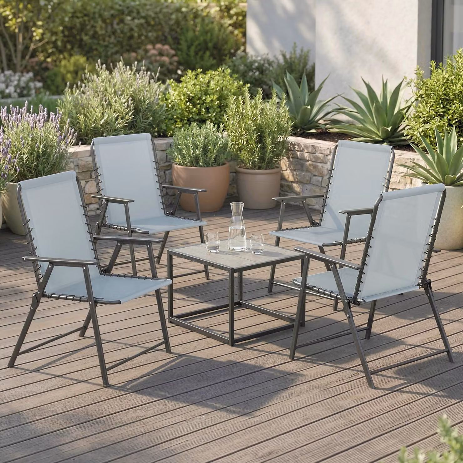 Outsunny Set of 4 Folding Garden Chairs in Light Grey with Textilene Seats and Armrests – 2