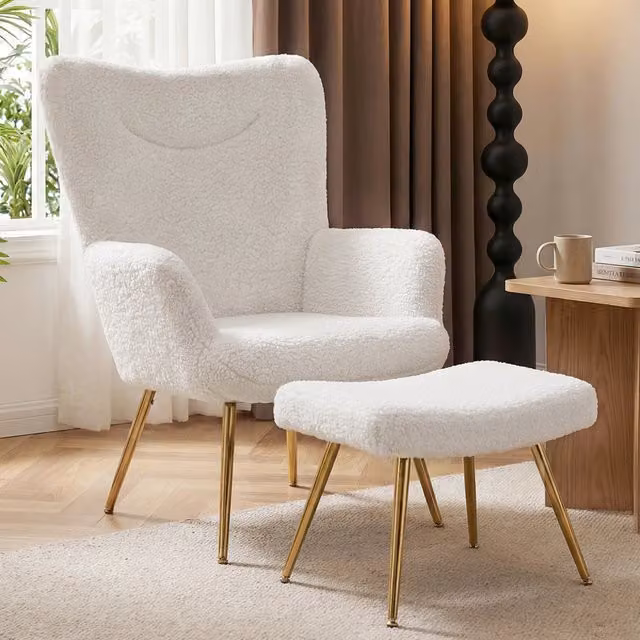 Livingandhome White Sherpa Fleece Accent Chair and Matching Footstool Set