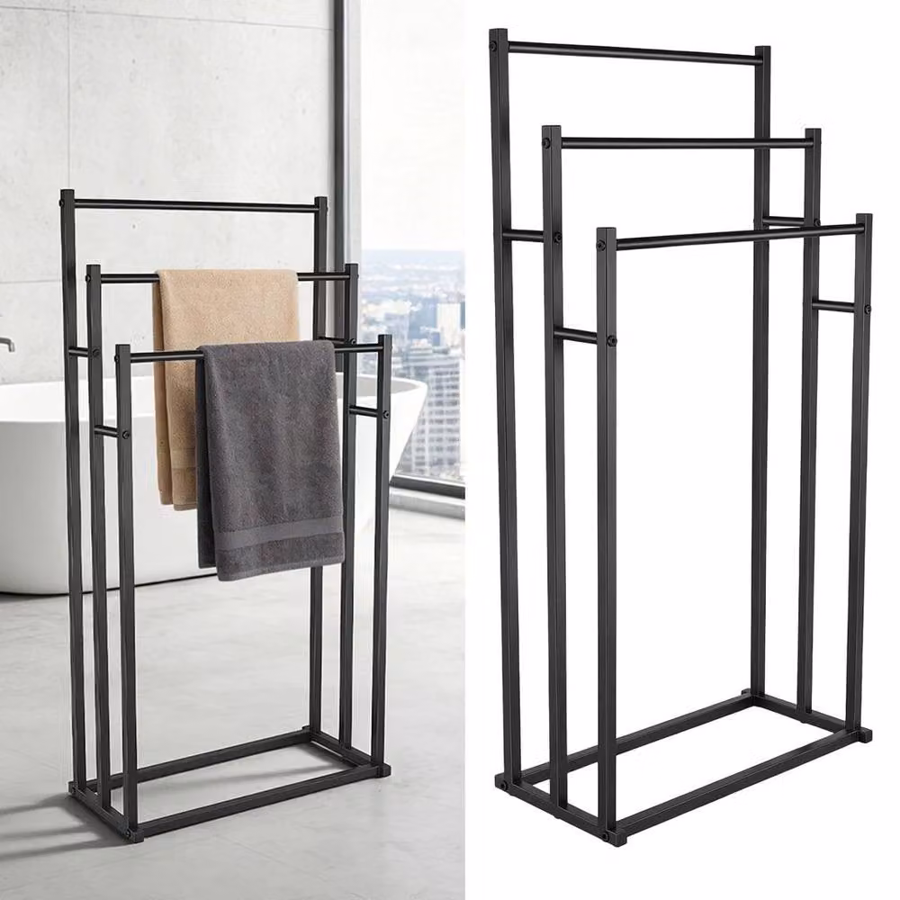 KORVIXA 3-Tier Freestanding Steel Towel Rack in Black, W: 60 cm, H: 60 cm – 3