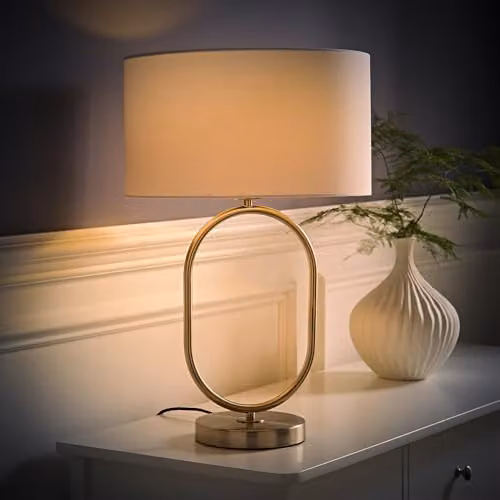 ValueLights Antonia White Fabric Drum Oval Table Lamp with Brushed Chrome Base and LED Bulb – 2