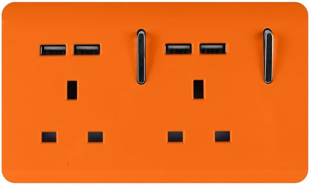 Trendi 2 Gang 13 Amp Flush Switched Socket with 4 x 2.1mA Type A USB Ports in Sunset Orange