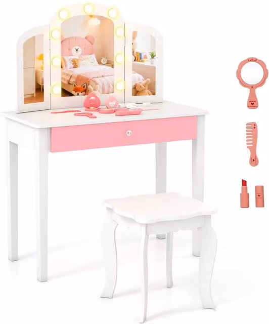 Costway 2-in-1 Toddler Vanity Table and Stool Set in White