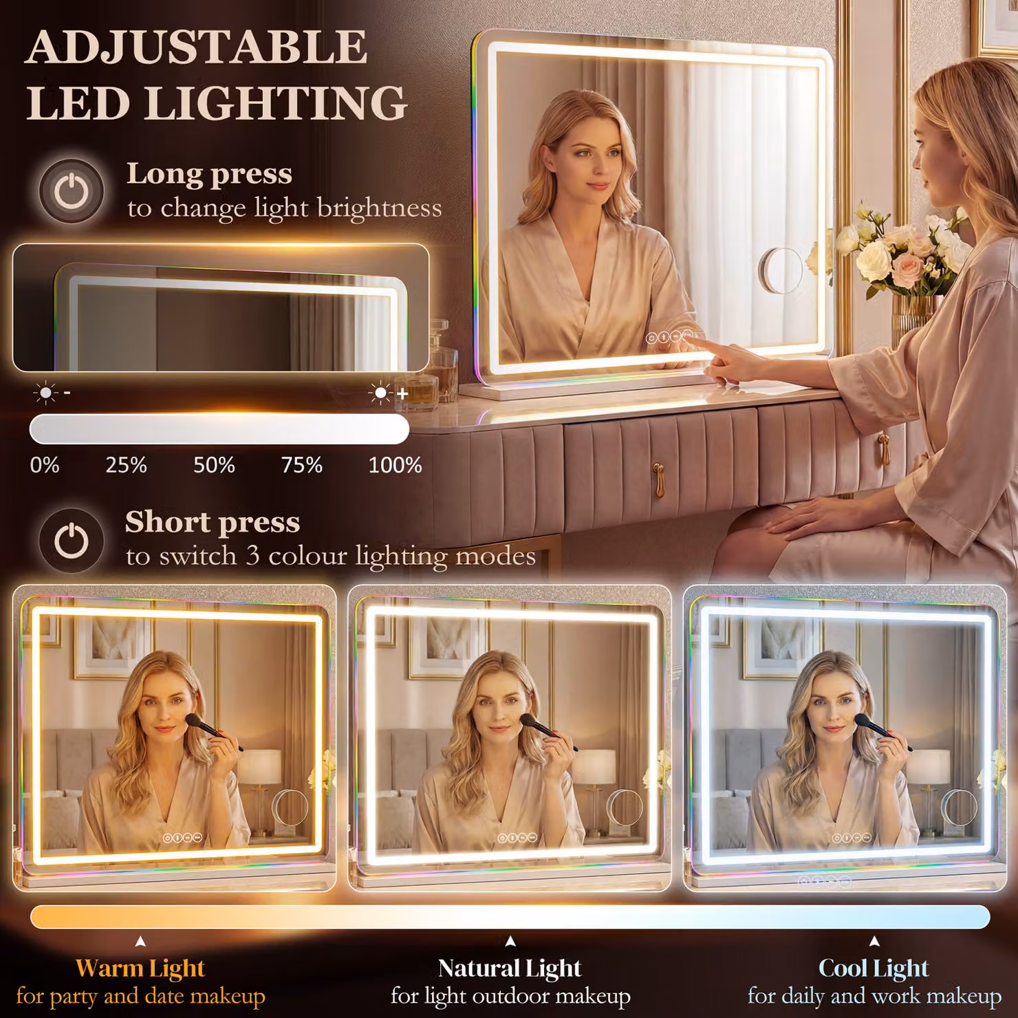 HOMCOM White LED Vanity Mirror with Dimmable RGB Lights and Bluetooth Speaker – 5