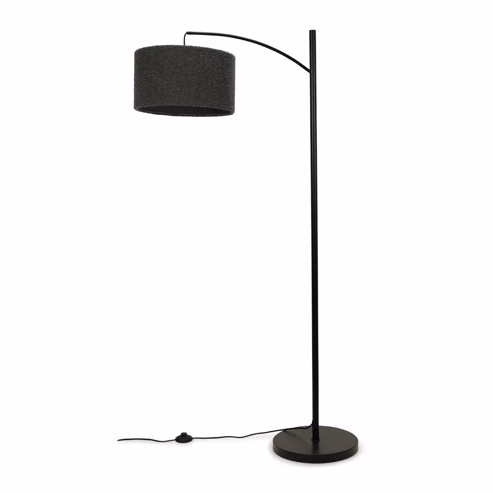 ValueLights Black Metal Curved Floor Lamp with Grey Boucle Shade – 2