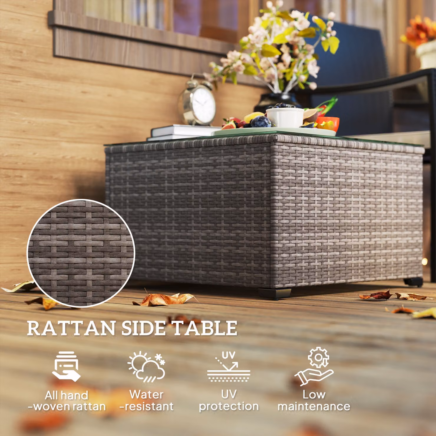 Outsunny Black Rattan Garden Side Table with Glass Top, W/D/H: 62 x 62 x 38 cm – 4