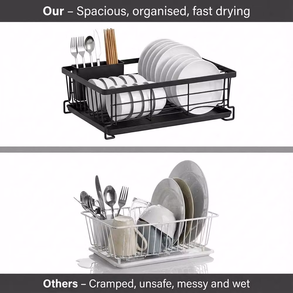 NESTLUNE Black Dish Drainer Rack with Cutlery and Cup Holder, W: 100 cm, D: 15 cm, H: 15 cm – 2