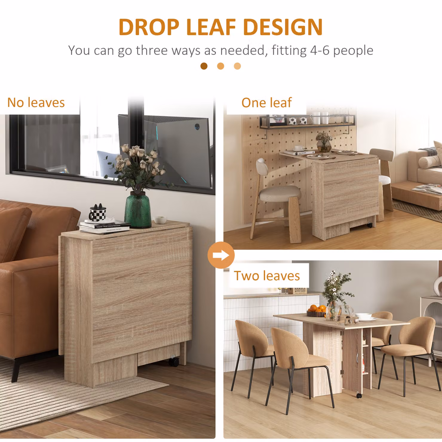 HOMCOM Natural Brown Drop Leaf Folding Dining Table with Castors for Kitchen and Dining Room, W/D/H: 60 x 75 x 75 cm – 4
