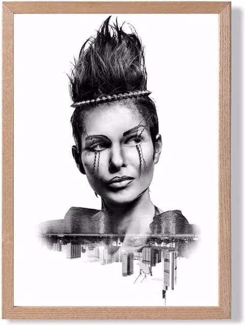 ARTZE Abstract and City Fashion Black and White Framed Photo Print with Oak Wood Frame, A4 – 1