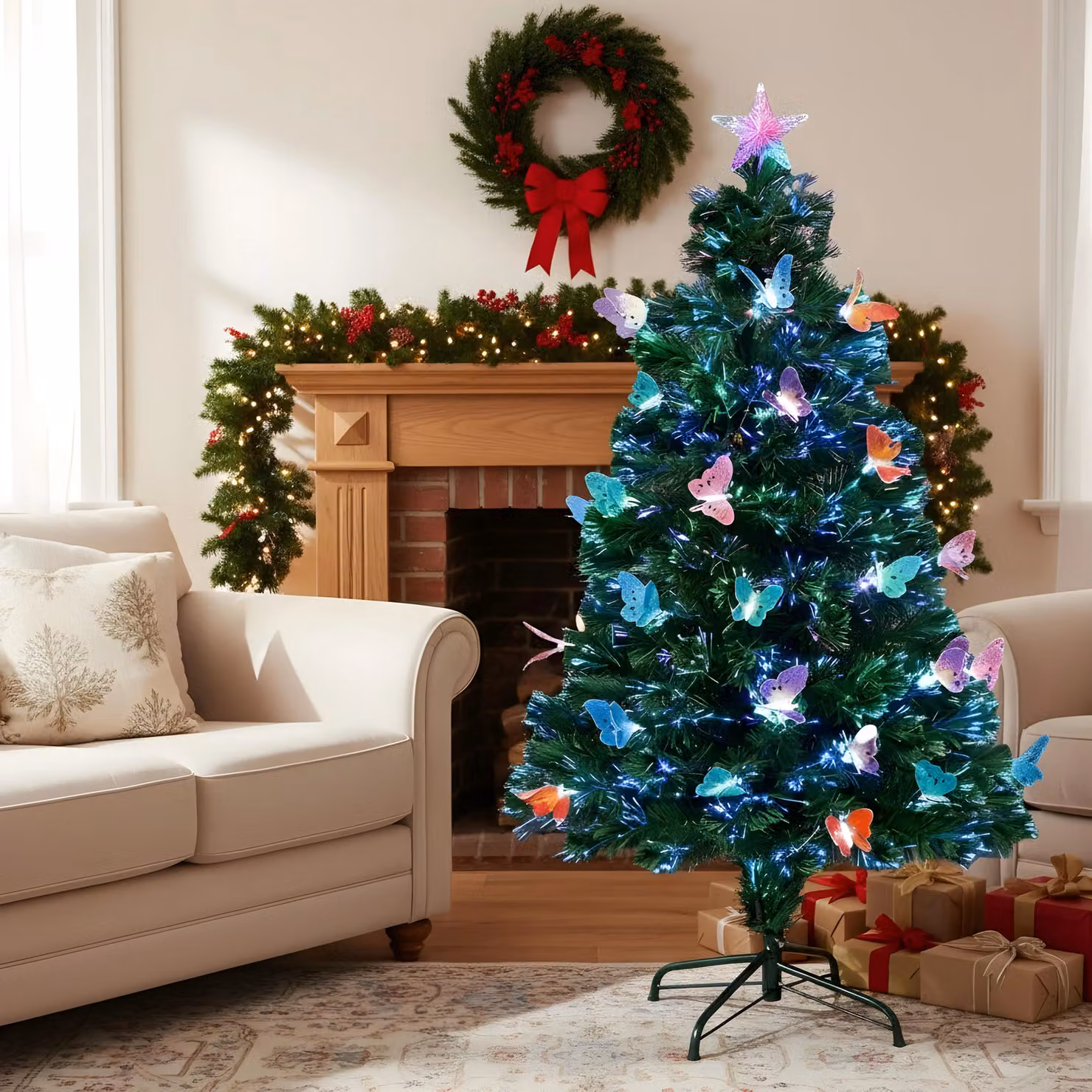 Shatchi Butterflies Fibre Optic LED Pre-Lit Christmas Tree in Green with Multicolour Lights, Height: 90 cm – 5