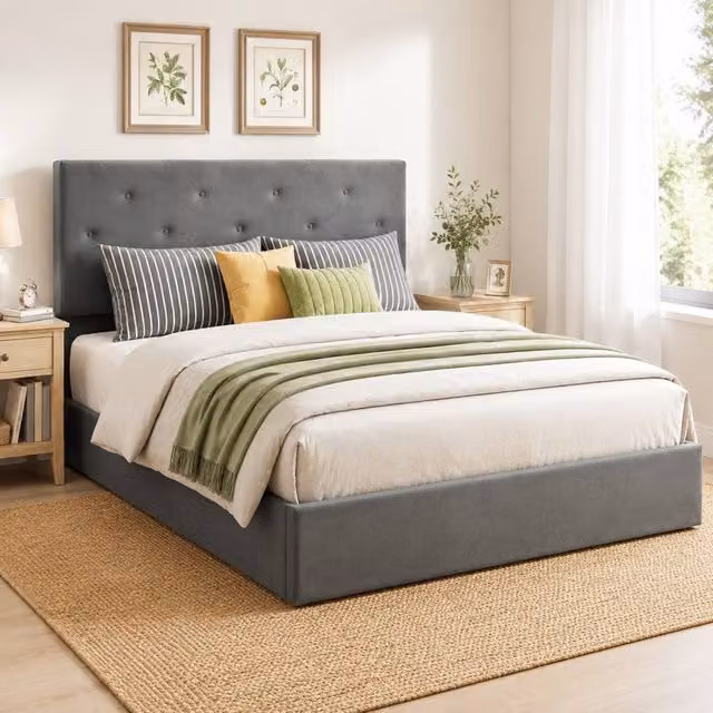 STILVORA King Size Bed Frame with Gas Lift Storage in Grey Velvet