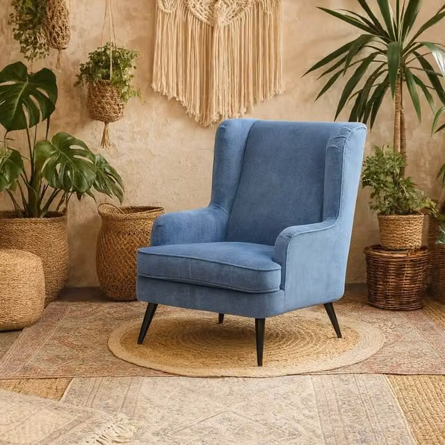 Wyld Haus Trenton Blue Velvet High Back Wing Armchair – 1