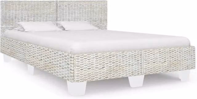 Berkfield Home Grey Natural Rattan and Mango Wood Bed Frame with Lift Up Base W: 140 cm, D: 200 cm