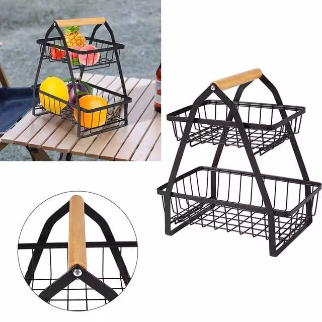 Kelvenix 2 Tier Kitchen Fruit Holder and Storage Basket Rack in Black Metal – 1