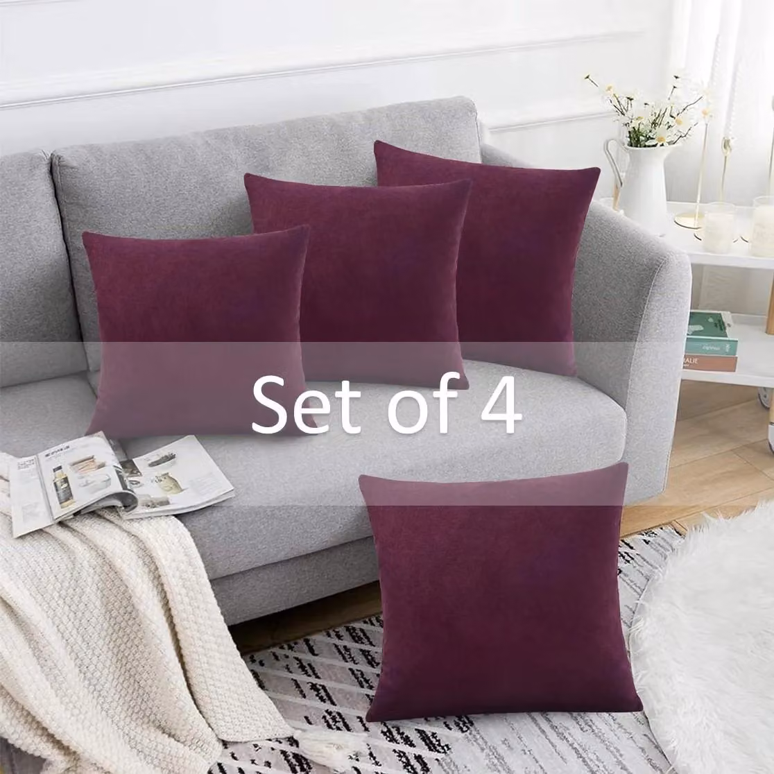 Luxor Living Set of 4 Purple Velvet Chenille Square Cushions with Removable Washable Covers, W/D/H: 45 x 45 x 45 cm – 2