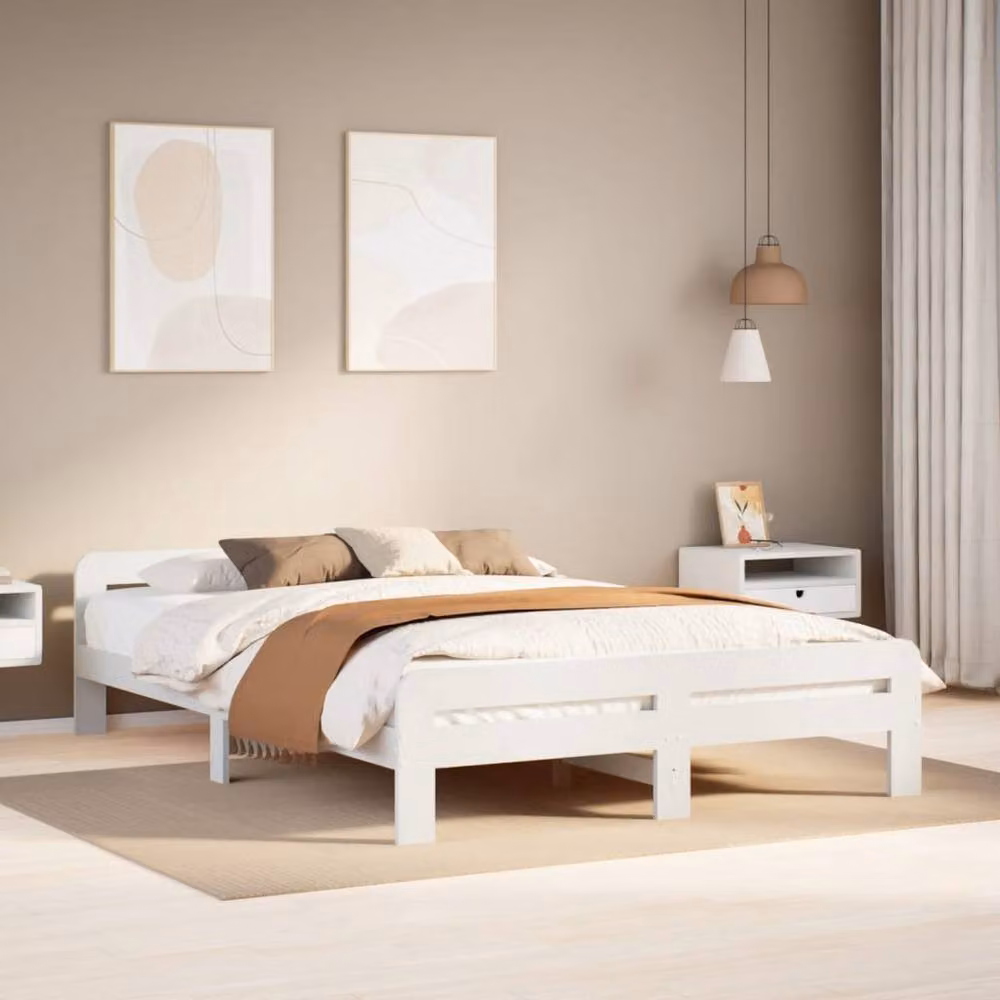 Berkfield Home Durable Solid Wood Pine Bed Frame in White, W/D/H: 140 x 190 x 53 cm – 2