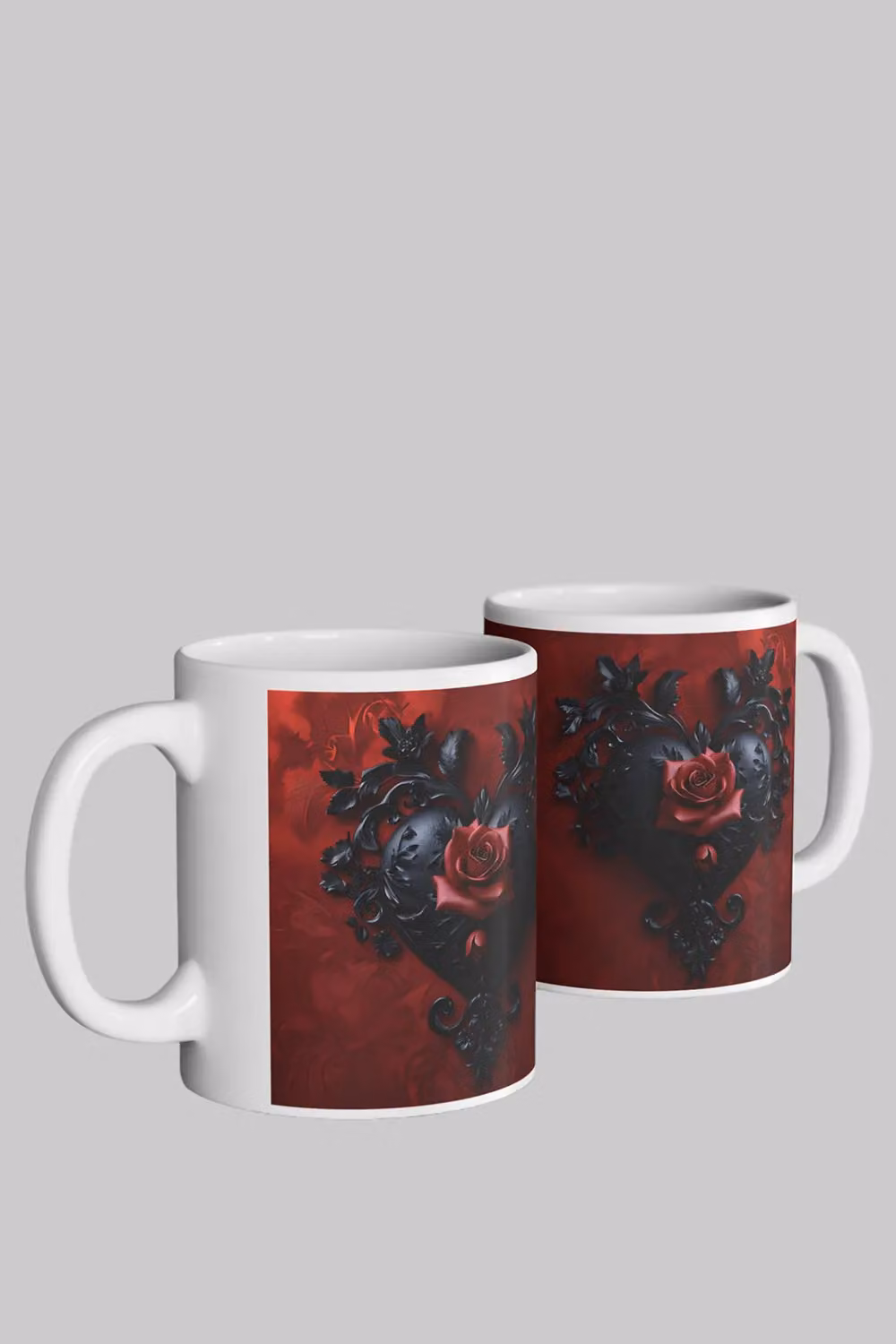 Simply Stunning Mugs Gothic Romance Ceramic Mug Set of 2 in White with Black and Red Rose Heart Design – 3