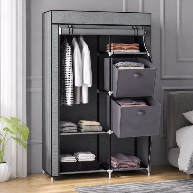 STILVORA Grey Wardrobe with Roll Shutter, Hanging Rail and Internal Drawers