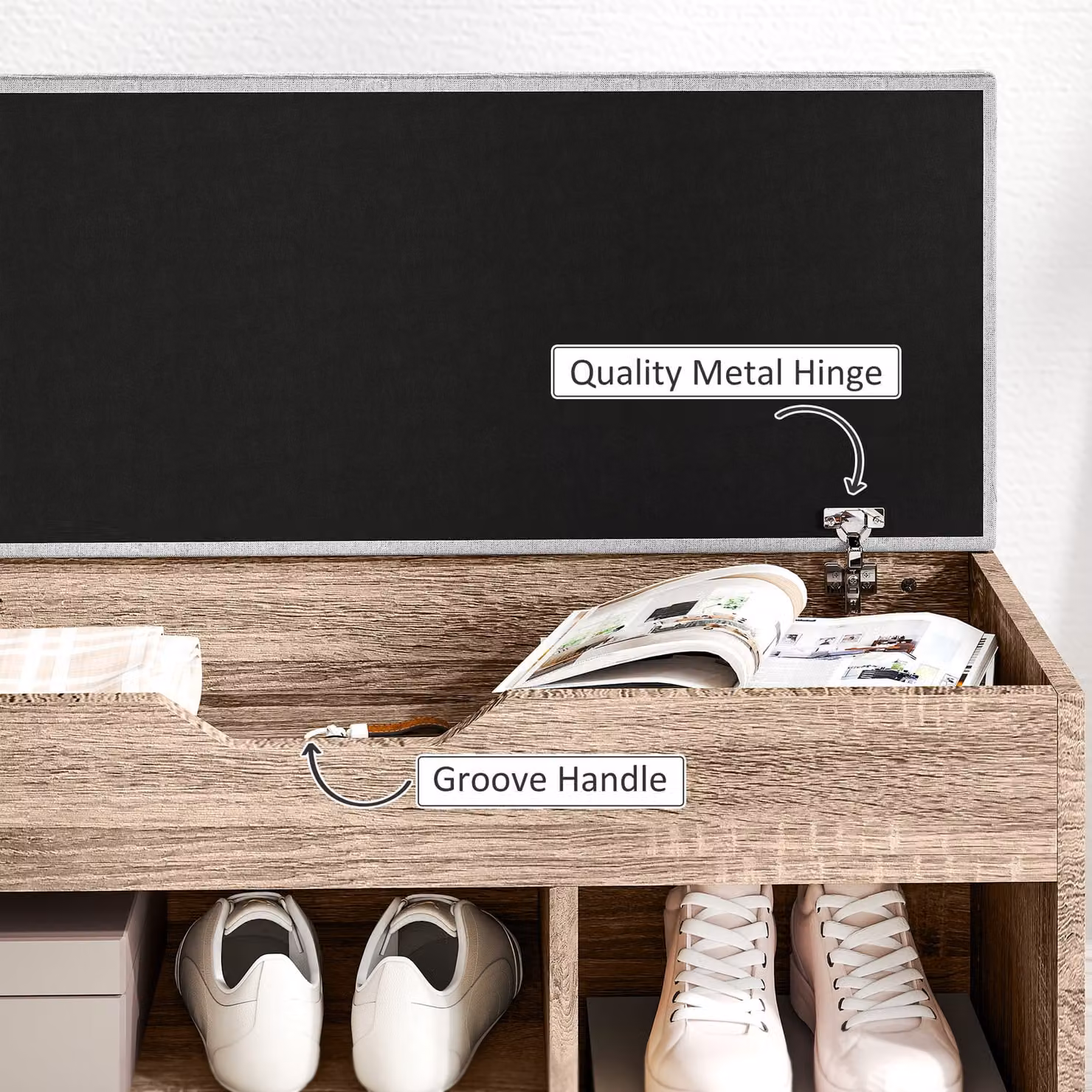 HOMCOM Grey Wood Grain Shoe Cabinet Bench with Padded Seat and Hidden Storage Organiser – 4