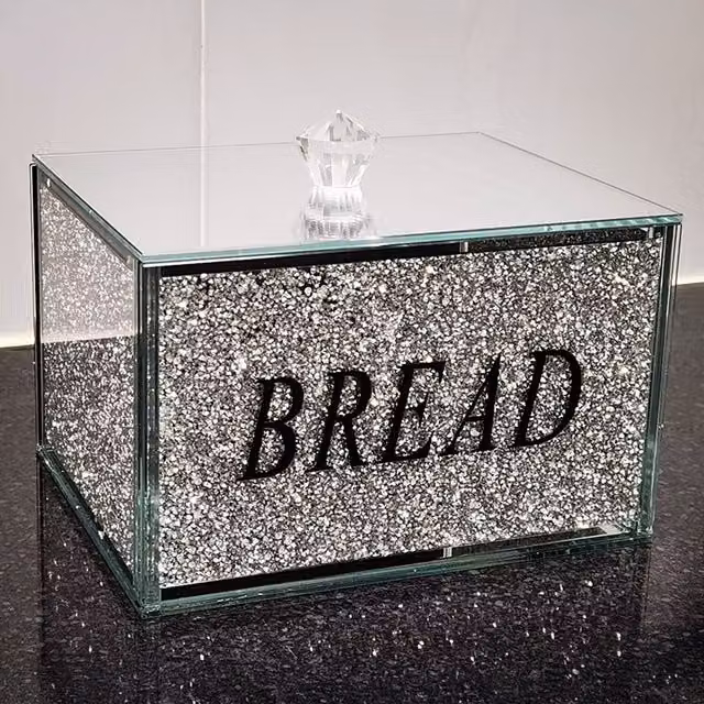 DEENZ Crushed Diamond Crystal Filled Glass Bread Bin in Silver