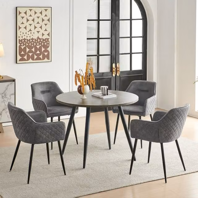 SONARA Grey Marble Round Dining Table and 4 Faux Suede Chairs Set