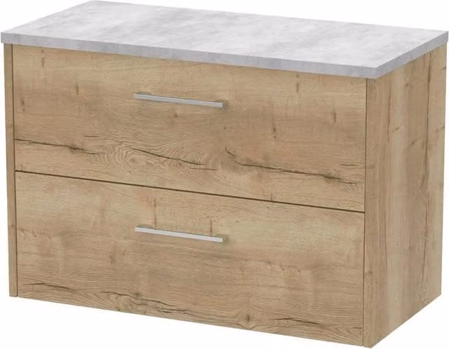 Balterley Winshill Modern Wall Mounted 2 Drawer Bathroom Vanity Unit in Light Oak Brown, Width: 80 cm