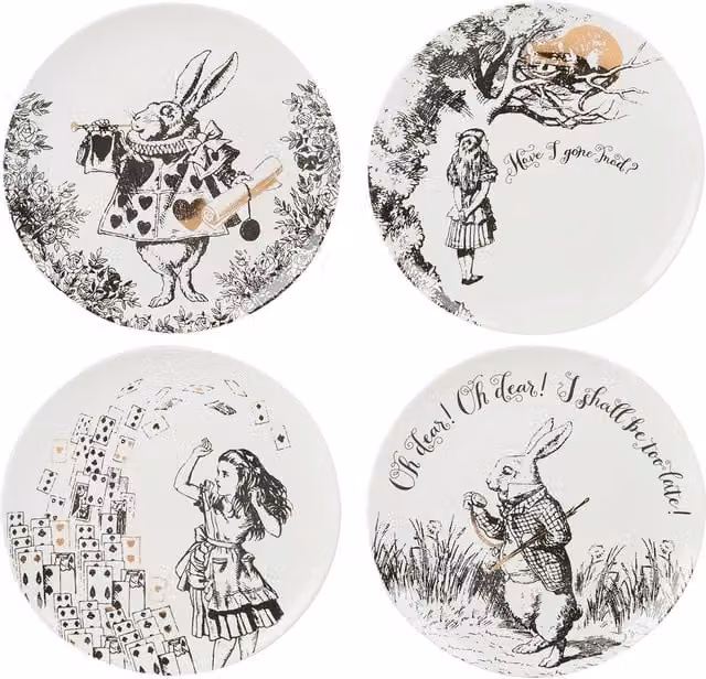 Victoria And Albert Alice In Wonderland Bone China Side Plates, Set of 4, White, Black and Gold