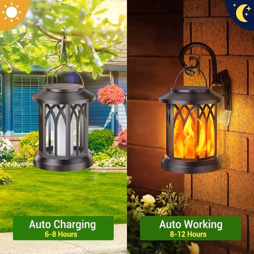 NESTLUNE 2-Piece Set of Black Metal Solar Hanging Lights with LED Flickering Flame – 5