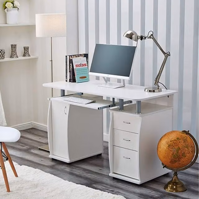 RayGar Wicklow Computer Desk with Cabinet and 3 Drawers in White