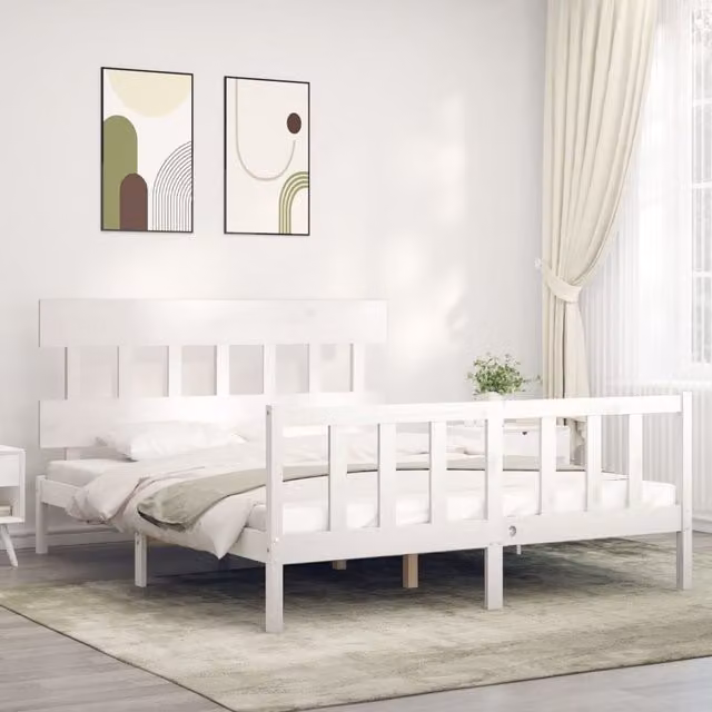 Berkfield Home Solid Wood Bed Frame with Headboard in White, 160 x 200 cm