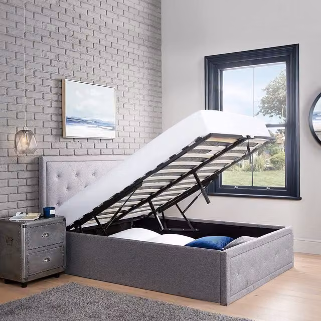 Home Treats Crystal Upholstered Ottoman Storage Bed in Grey, W/D/H: 120 x 200 x 85 cm