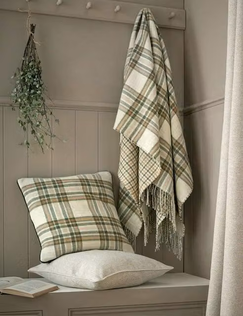 Laura Ashley Padbury Check Reversible Tassled Throw in Green Mix