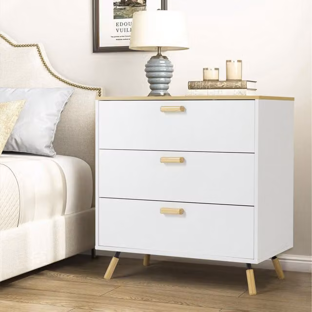 Livingandhome Modern White Matt 3-Drawer Wooden Side Storage Cabinet