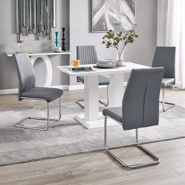 FurnitureboxUK Imperia 4 Seater Modern White High Gloss Rectangular Dining Table and 4 Lorenzo Grey Faux Leather Chairs Set