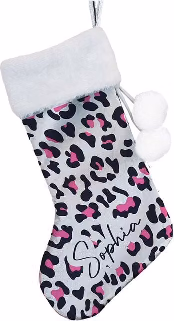 Personalised Memento Company Women's Personalised Leopard Print Christmas Stocking in Grey and White