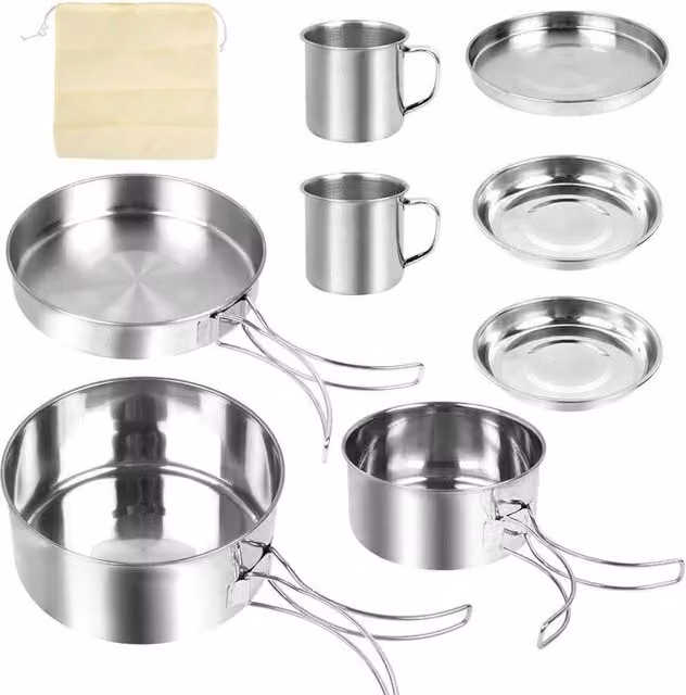 Havendro Stainless Steel Cookware Set with Frying Pan and Lid in Silver for BBQ, Camping and Outdoor Hiking