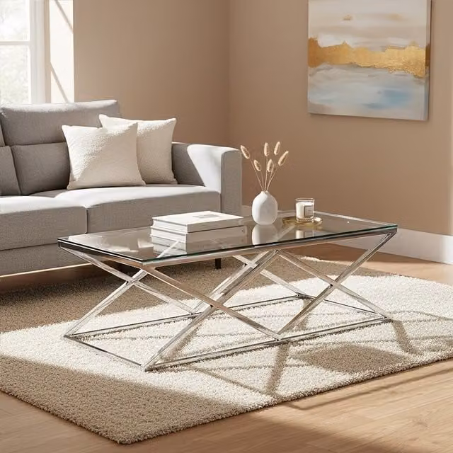 Orsina Modern Geometric Rectangular Coffee Table with Silver Metal X-Frame and Transparent Glass Top, W/D/H: 120 x 60 x 45 cm – 1