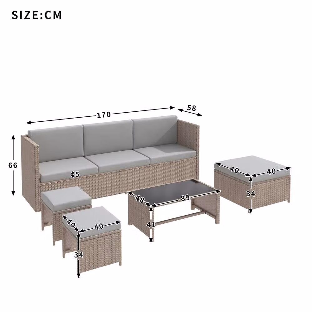 SONARA 4-6 Seater Rattan Garden Furniture Set with Table and Stool in Light Grey – 3