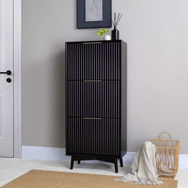 Home Garden Direct Monza Mid-Century Shoe Storage Cabinet with Fluted Doors in Black