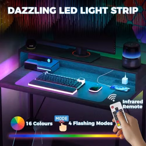 HOMCOM Black Wood-Effect Computer Desk with LED Lights and Power Outlets, W: 100 cm, D: 50 cm, H: 76 cm – 2