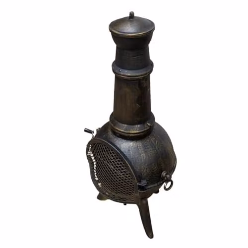 Monster Shop Cast Iron Chiminea Outdoor Patio Heater in Bronze Effect with Rain Cover and Poker, H 110 cm x W 50 cm x D 50 cm – 2