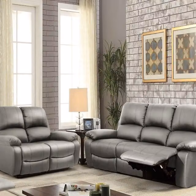 Comfy Living Modern PU Leather Reclining Sofa Set with 3 Seater and 2 Seater in Light Grey