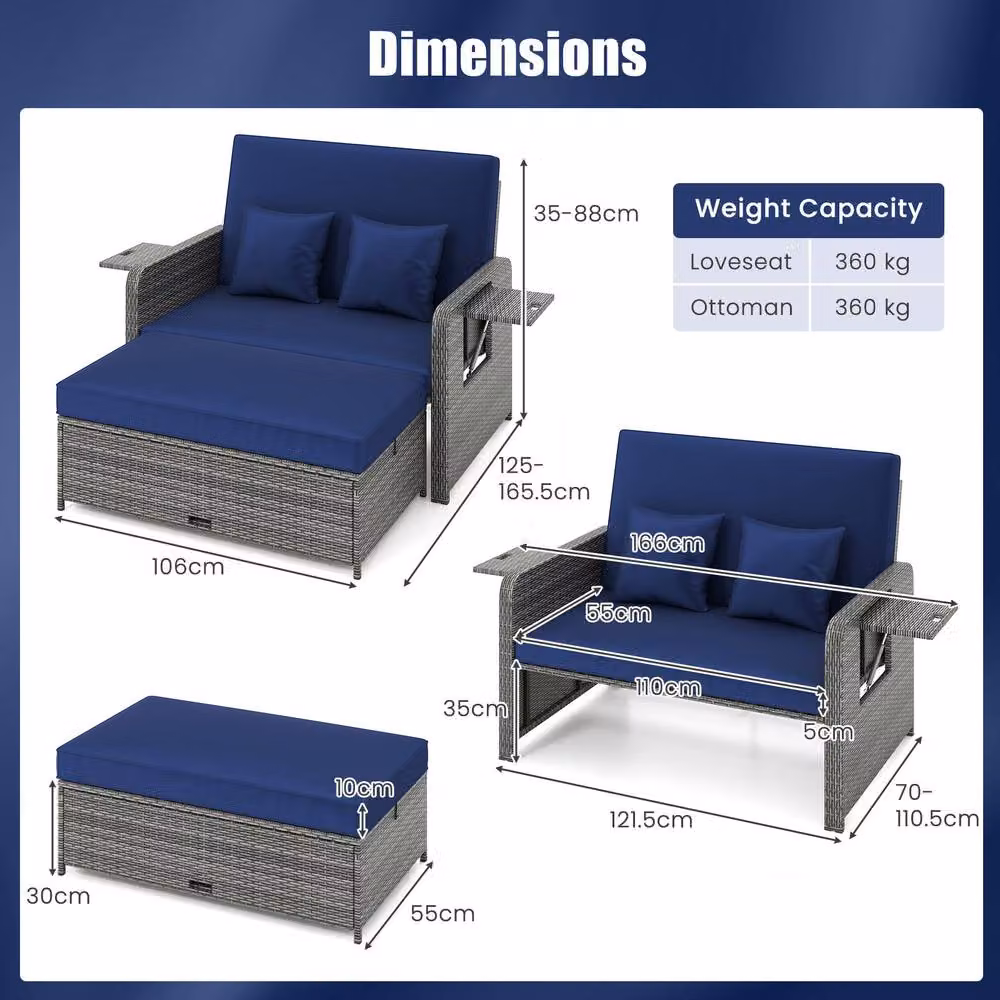 Costway 2-Piece Navy Blue PE Wicker Daybed and Patio Rattan Furniture Set with 4-Level Backrest – 2