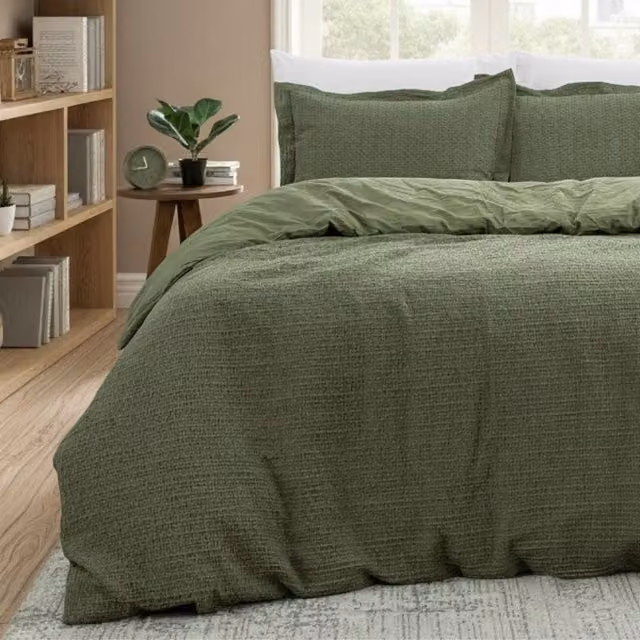 MHG Living Chunky Waffle Duvet Cover and Pillowcase Set in Green, W: 200 cm x D: 200 cm