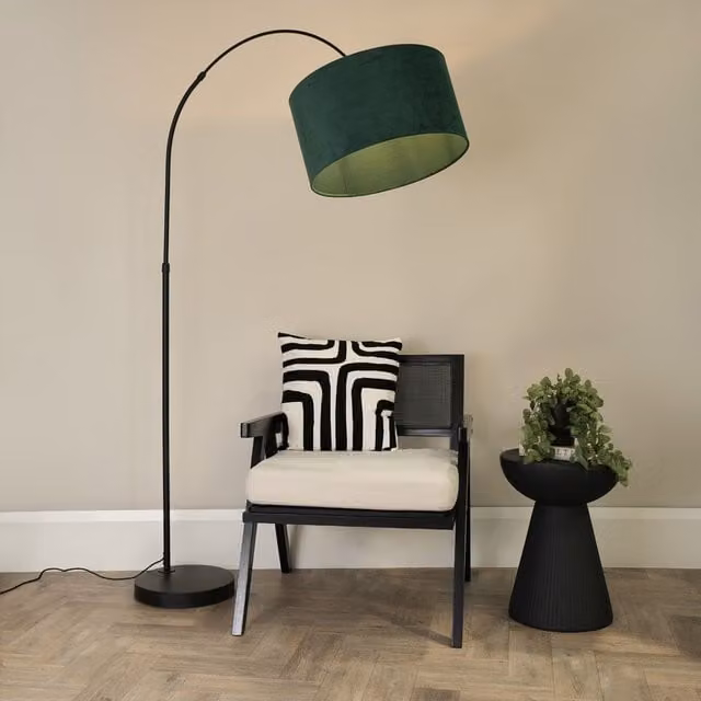 ValueLights Louis Black Arched Floor Lamp with Green Velvet Drum Shade and LED Bulb