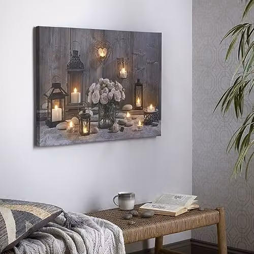 Art For The Home Cosy Cottage LED Printed Canvas Wall Art in Brown, Grey and Pink – 2
