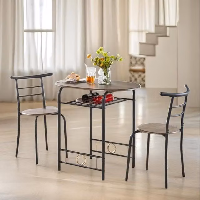 Furnold Industrial Round Dining Table and 2 Chairs Set in Brown