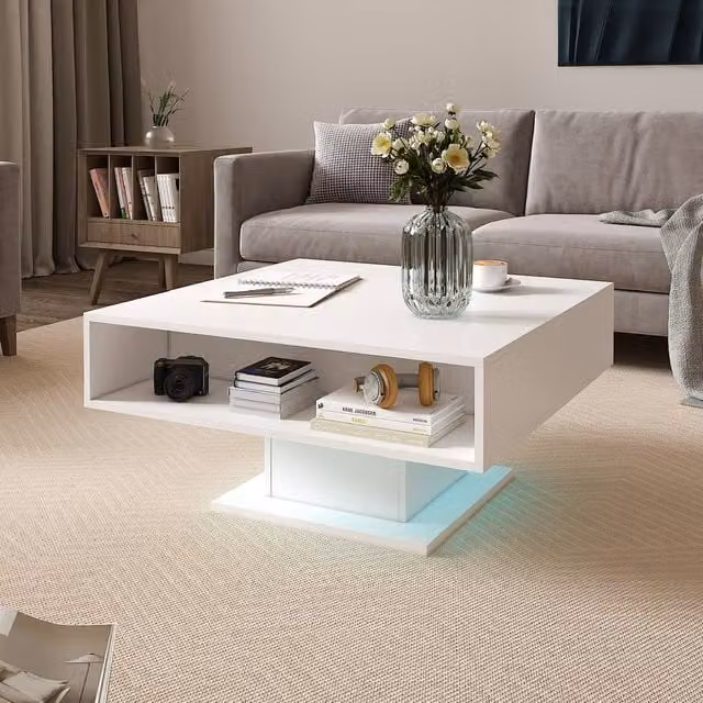KEEPREAPER Modern Square Lift Top Coffee Table with LED Light and Hidden Storage in White – 1