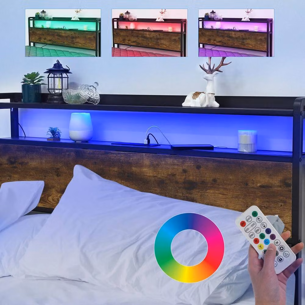 PAWNORA Double Bed Frame with LED Under-Bed Lighting in Brown – 3