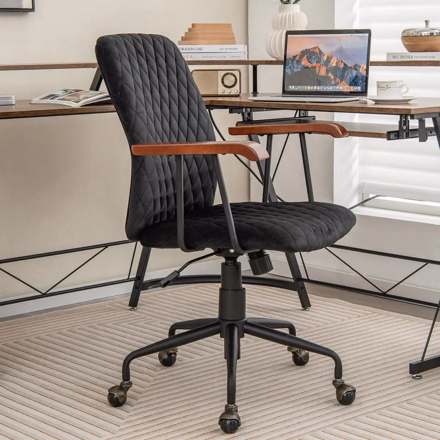 Costway Black Velvet Swivel Task Chair with Armrests and Castors for Home Office – 2